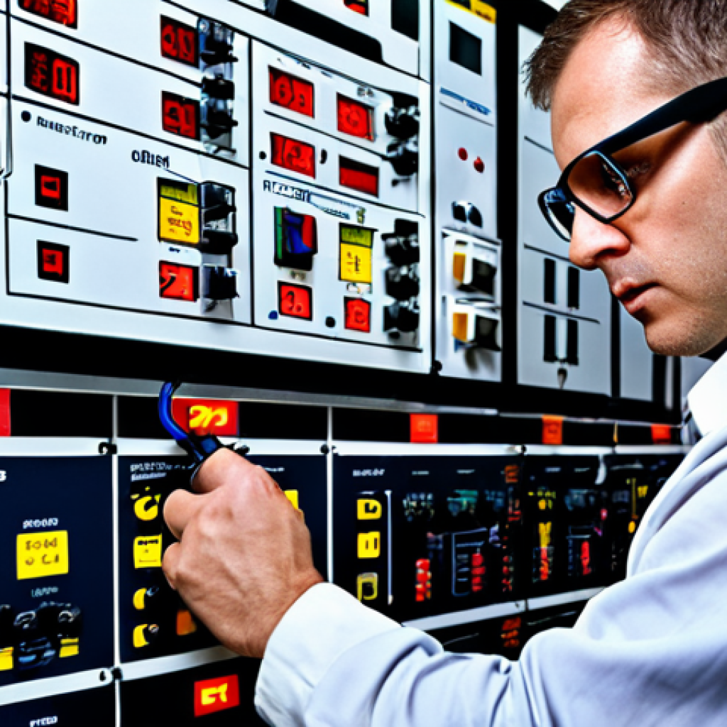 **An electrician meticulously tracing a complex electrical diagram in a bustling, modern factory setting. He is wearing safety glasses and holding a multimeter. Highlight the detailed symbols and color-coded wires within the diagram.**