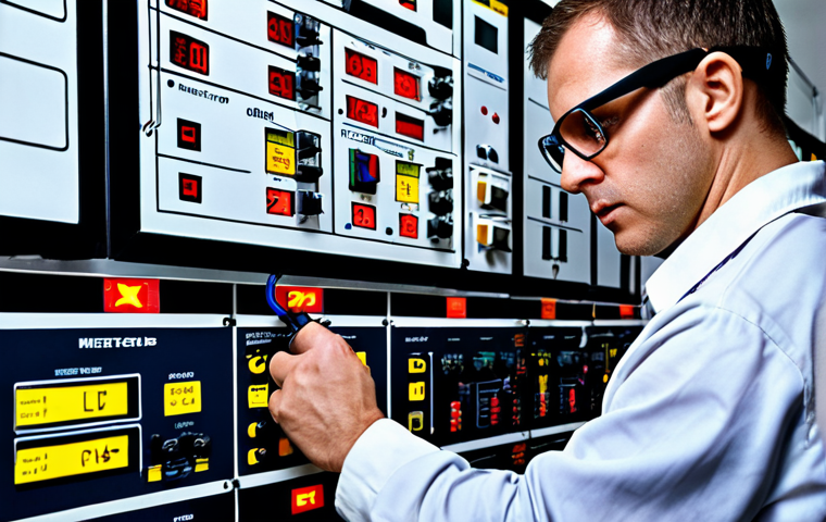 **An electrician meticulously tracing a complex electrical diagram in a bustling, modern factory setting. He is wearing safety glasses and holding a multimeter. Highlight the detailed symbols and color-coded wires within the diagram.**