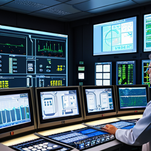 **Industrial Control Room:** A brightly lit industrial control room featuring a large HMI screen displaying real-time data from a chemical reactor. An operator is monitoring the screen, and various control panels and displays are visible in the background.