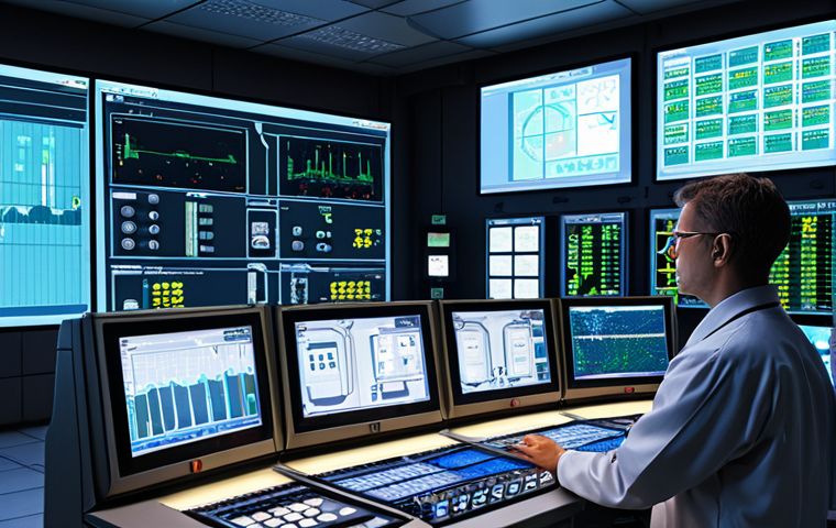 **Industrial Control Room:** A brightly lit industrial control room featuring a large HMI screen displaying real-time data from a chemical reactor. An operator is monitoring the screen, and various control panels and displays are visible in the background.