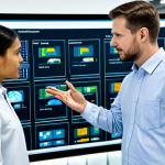 A professional male and female automation engineer, fully clothed in modest professional attire including a clean, tailored work shirt and durable trousers, standing in a sophisticated industrial control room. The male engineer gestures towards a classic PLC control panel on one side, while the female engineer interacts with a large, transparent holographic display showcasing complex real-time data flows, cloud integration, and a sophisticated AI algorithm optimizing a production line. The background features a large monitor displaying a comprehensive overview of a modern, clean smart factory. The scene highlights the evolution of industrial technology. Photorealistic, high detail, sharp focus, professional photography, perfect anatomy, correct proportions, natural pose, well-formed hands, proper finger count, natural body proportions, safe for work, appropriate content, fully clothed, professional dress, family-friendly.