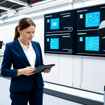 A professional female engineer, fully clothed in a modest business casual attire (like a smart blazer and trousers), stands confidently in a modern, brightly lit smart factory environment. In the background, a collaborative robot (cobot) is gently working on an assembly line. Large, interactive digital screens display real-time data analytics and industrial IoT dashboards. The engineer is looking at a tablet in her hands, showing complex data visualizations, with a focused and intelligent expression. The scene is clean, high-tech, and futuristic, emphasizing the integration of human expertise with advanced automation. This is a professional, family-friendly image, safe for work, with appropriate content. Perfect anatomy, correct proportions, natural pose, well-formed hands, proper finger count, natural body proportions.