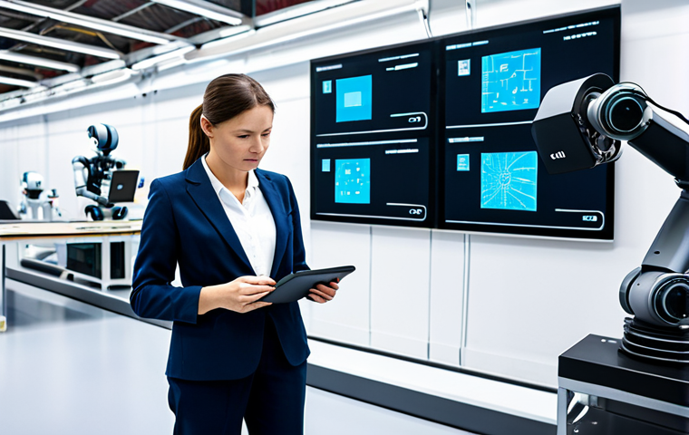 A professional female engineer, fully clothed in a modest business casual attire (like a smart blazer and trousers), stands confidently in a modern, brightly lit smart factory environment. In the background, a collaborative robot (cobot) is gently working on an assembly line. Large, interactive digital screens display real-time data analytics and industrial IoT dashboards. The engineer is looking at a tablet in her hands, showing complex data visualizations, with a focused and intelligent expression. The scene is clean, high-tech, and futuristic, emphasizing the integration of human expertise with advanced automation. This is a professional, family-friendly image, safe for work, with appropriate content. Perfect anatomy, correct proportions, natural pose, well-formed hands, proper finger count, natural body proportions.