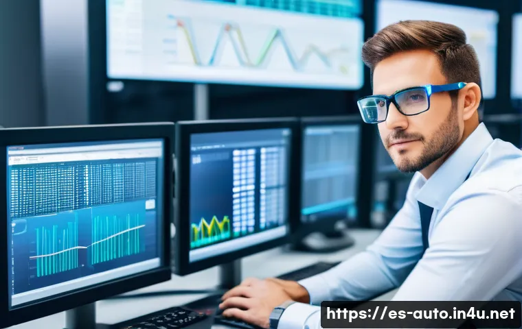 자동화 엔지니어 채용 공고 분석 - A professional industrial automation engineer in a modern factory control room, working with advance...