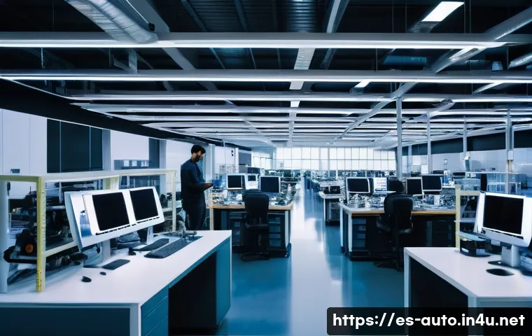 산업용 로봇의 경제적 이점 - A modern industrial factory interior showcasing a diverse team of Hispanic engineers and technicians...