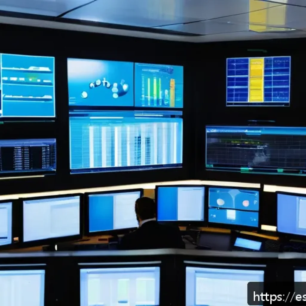 공장자동화 시스템의 백업 방법 - A modern industrial control room with multiple large monitors displaying real-time data backup sched...