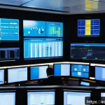 Home 22 공장자동화 시스템의 백업 방법 - A modern industrial control room with multiple large monitors displaying real-time data backup sched...
