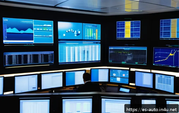 공장자동화 시스템의 백업 방법 - A modern industrial control room with multiple large monitors displaying real-time data backup sched...