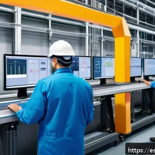 Home 32 공장자동화 실습장비 추천 - A high-tech industrial factory interior showcasing a modern automated production line equipped with ...
