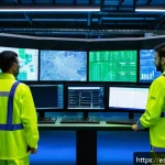 Home 19 스마트 팩토리의 보안 문제 - A highly detailed industrial factory control room featuring interconnected digital systems and autom...