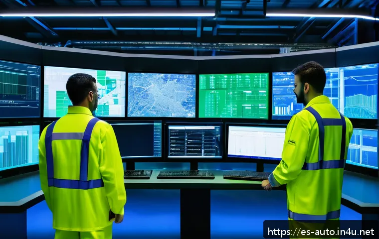 스마트 팩토리의 보안 문제 - A highly detailed industrial factory control room featuring interconnected digital systems and autom...