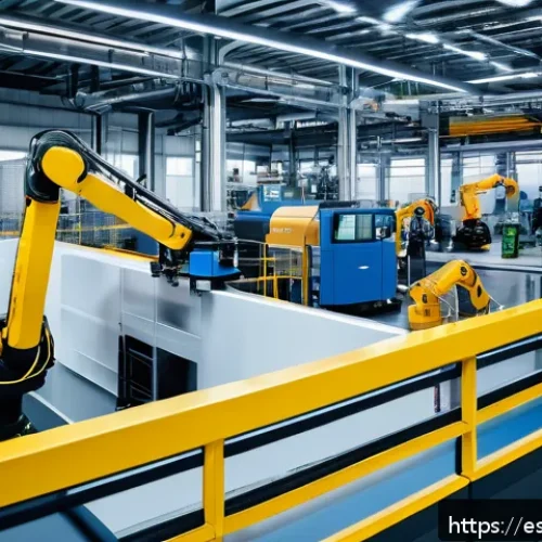 Home 30 자동화 설비의 배치 최적화 - A modern automated factory interior showcasing a strategic layout with wide corridors and clear work...