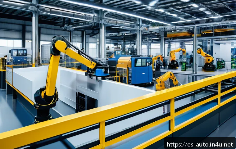 자동화 설비의 배치 최적화 - A modern automated factory interior showcasing a strategic layout with wide corridors and clear work...