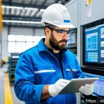 Home 23 공장자동화 유지보수 직무 인터뷰 - A professional industrial technician in a modern factory environment, wearing a clean blue uniform w...
