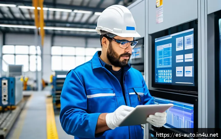 공장자동화 유지보수 직무 인터뷰 - A professional industrial technician in a modern factory environment, wearing a clean blue uniform w...
