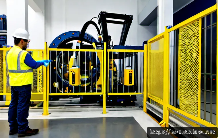 공장자동화 설비의 사고 방지 대책 - Photorealistic modern factory automation line in Spain, a trained technician wearing a hard hat, saf...