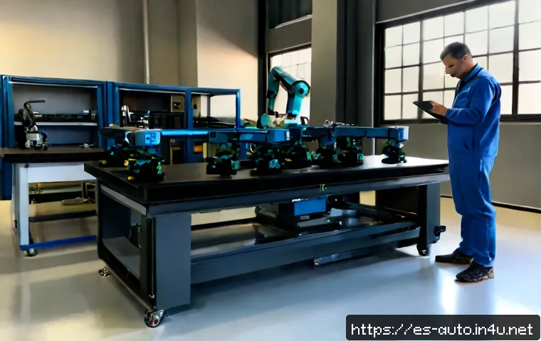 산업용 로봇 프로그래밍 언어 비교 - Photorealistic industrial automation laboratory in Spain, wide clean composition showing two collabo...