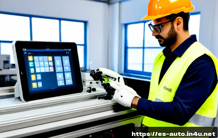 공장자동화 엔지니어의 경력 개발 - Photorealistic factory automation engineer in a modern Spanish manufacturing plant, wearing safety g...