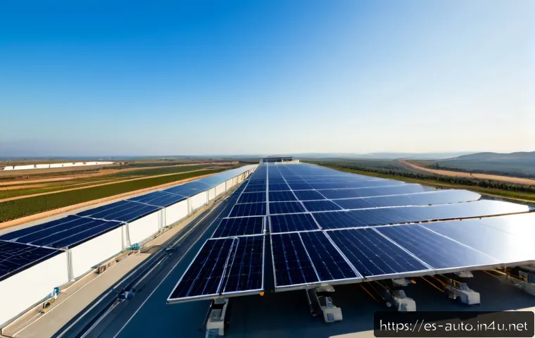 Home 17 공장자동화와 신재생 에너지 활용 - Photorealistic modern solar-powered factory in southern Spain, wide-angle exterior view at golden mo...