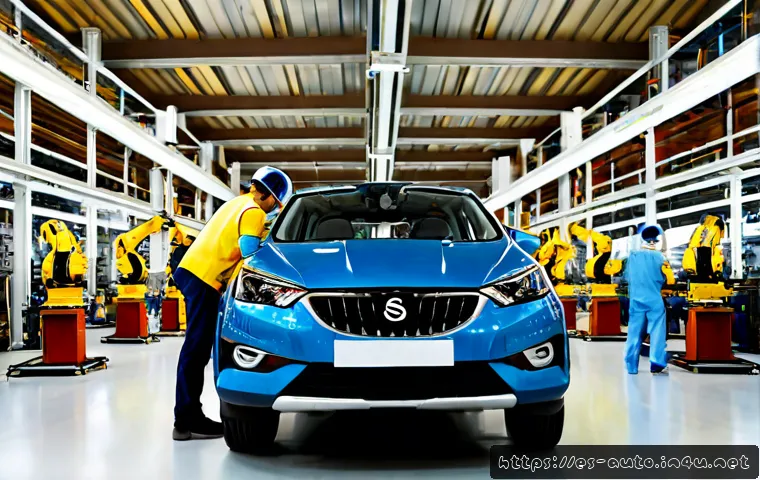산업용 로봇 활용 분야 - Photorealistic wide view of a modern automotive assembly plant in Spain, collaborative industrial ro...